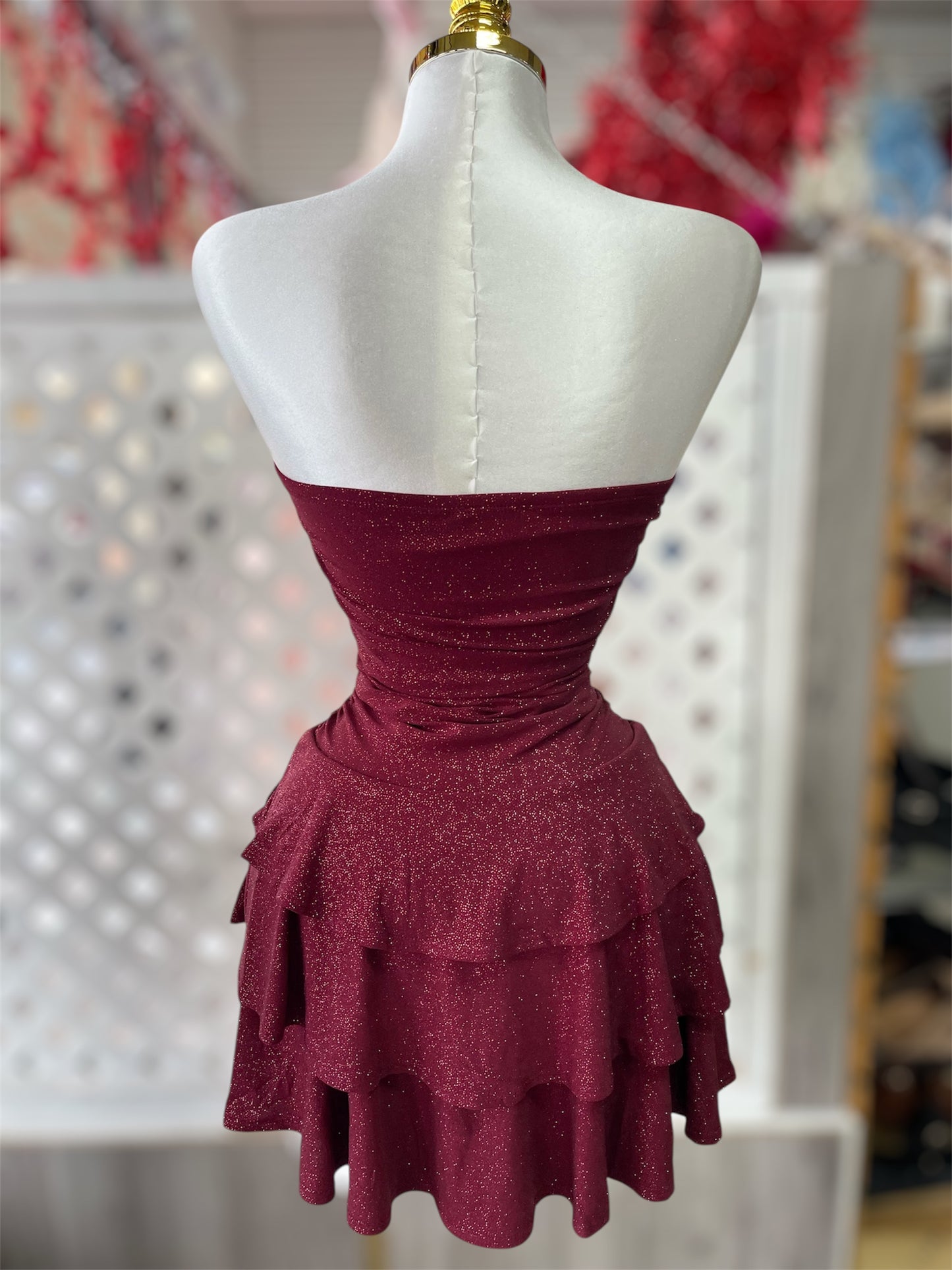 Burgundy Lara Mini Ruched Glitter Dress