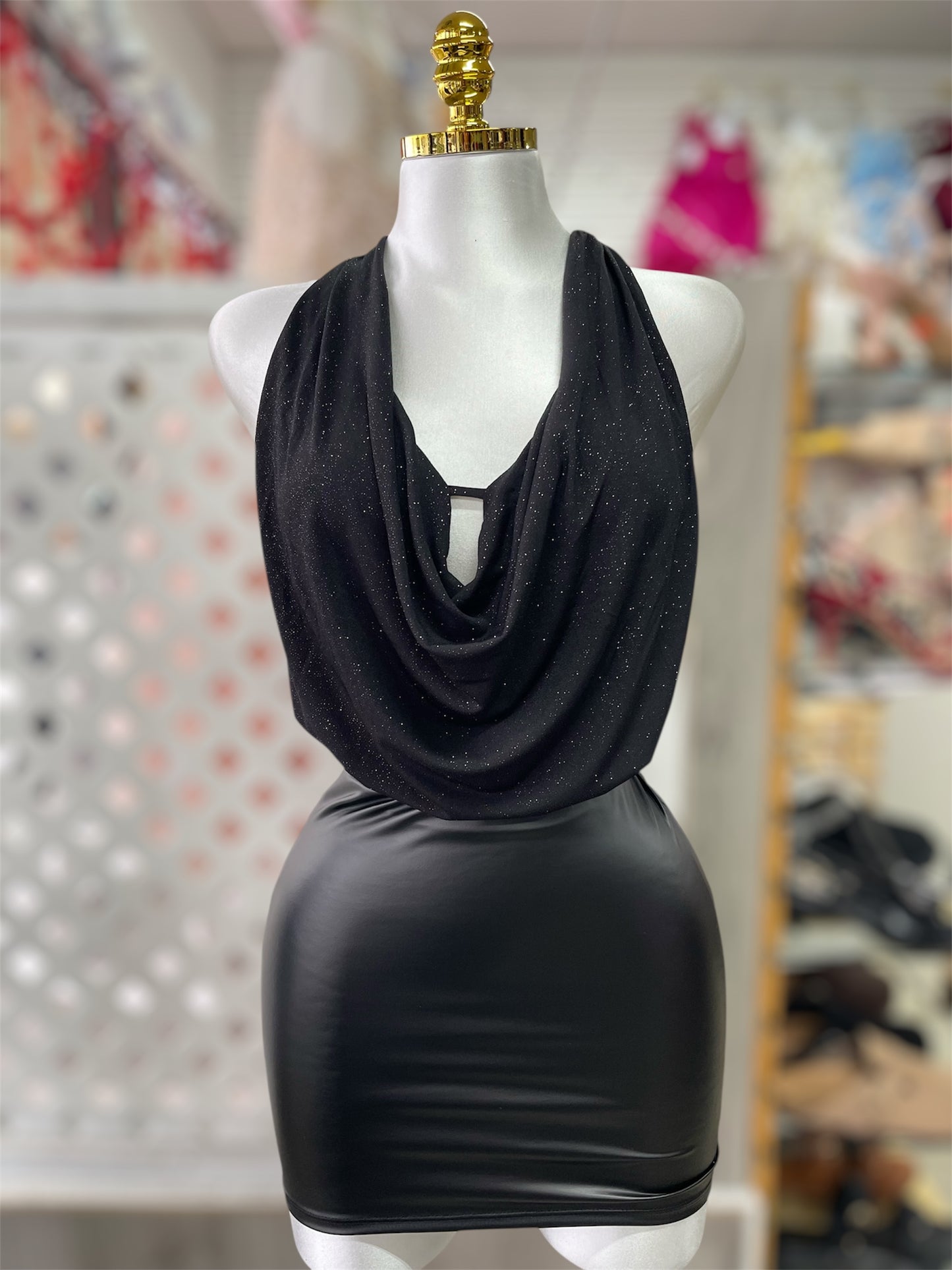 Rose Glitter Cowl Neck Halter Top w/ Open Back