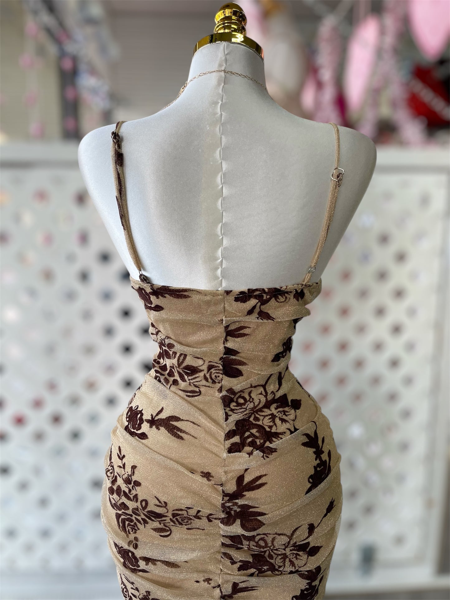 Claire Champagne Ruched Mesh Midi Dress