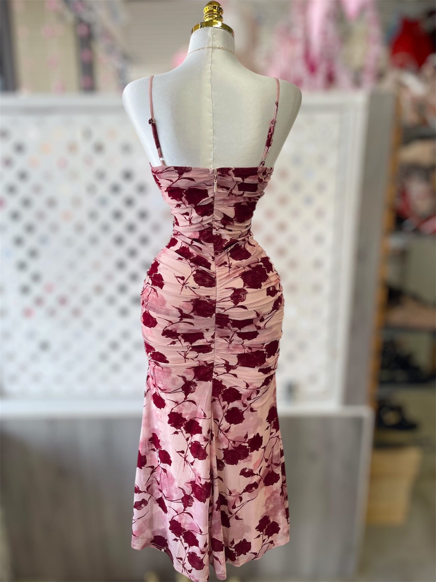 Amore Rose Ruched Mesh Midi Dress