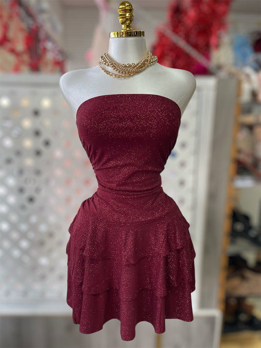 Burgundy Lara Mini Ruched Glitter Dress
