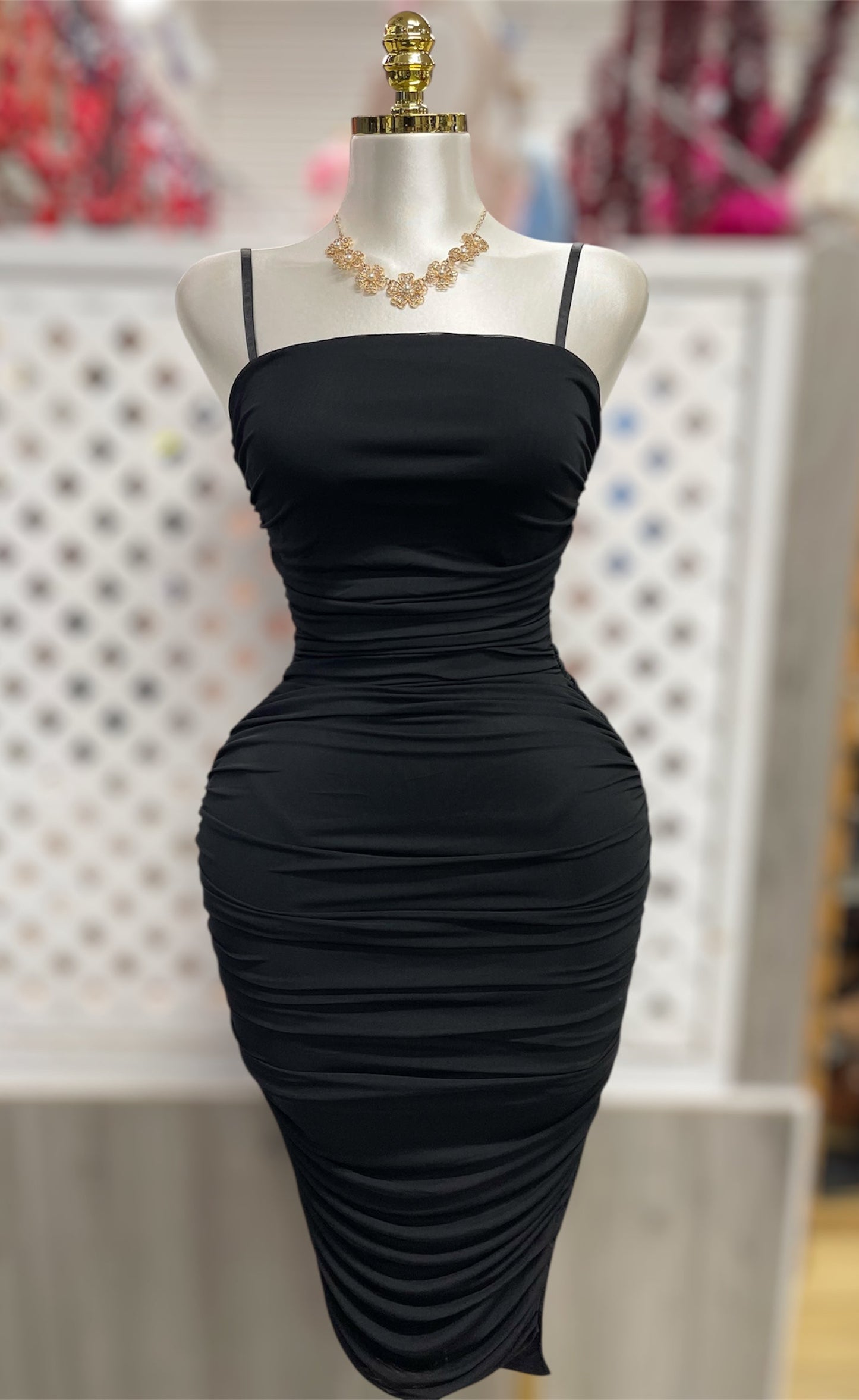 Minna Black Ruched Mesh Midi Dress