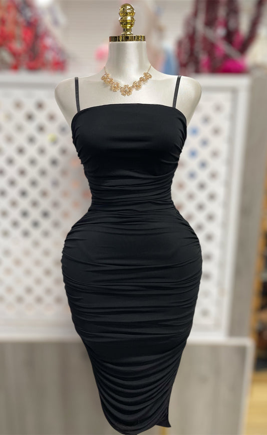 Minna Black Ruched Mesh Midi Dress