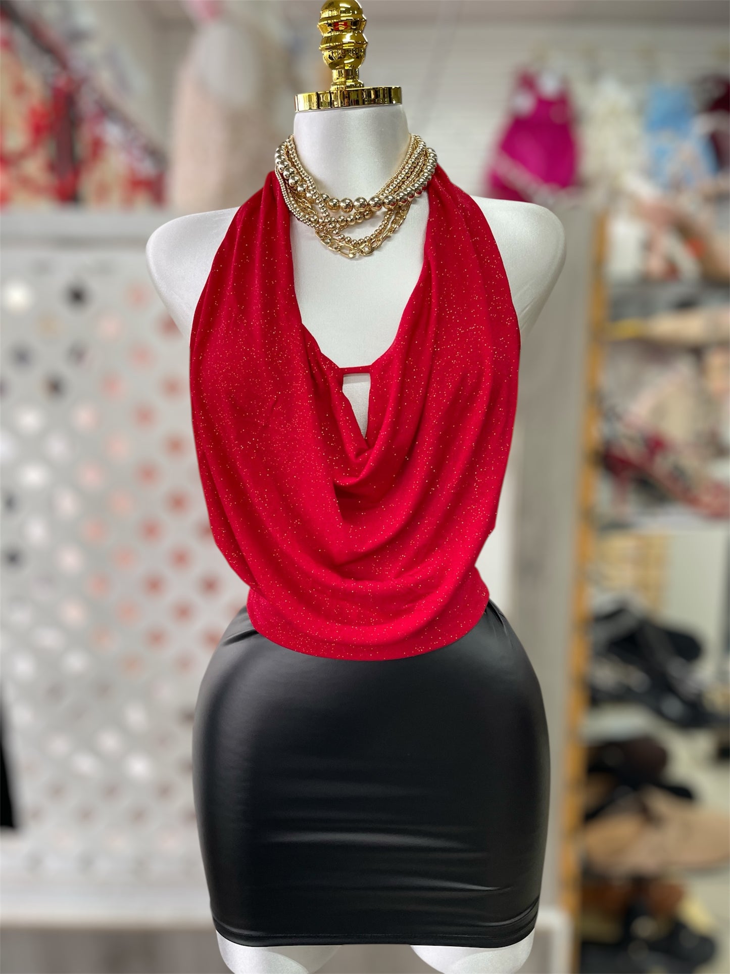 Rose Glitter Cowl Neck Halter Top w/ Open Back