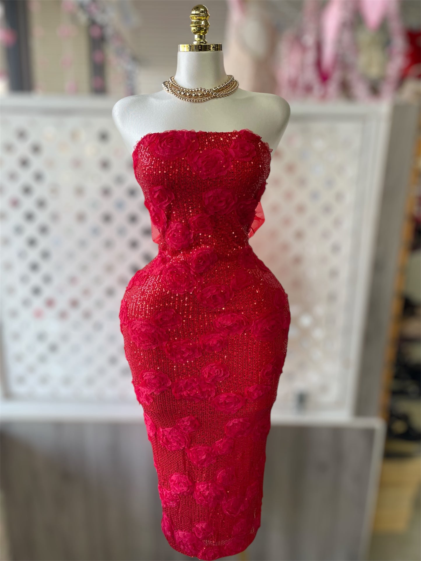 Rosé Sequin Strapless Midi Dress
