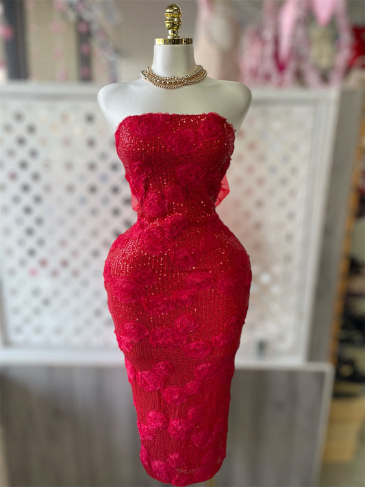 Rosé Sequin Strapless Midi Dress