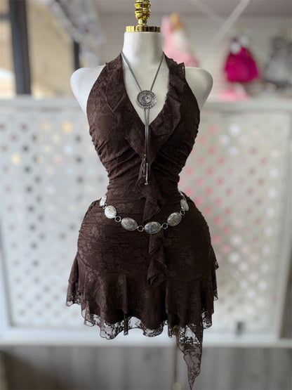 Alexa Brown Halter Neck Lace Mini Dress