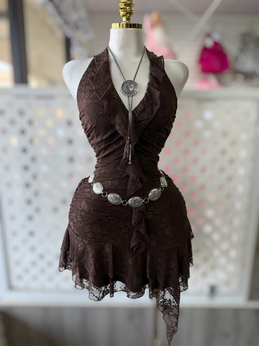 Alexa Brown Halter Neck Lace Mini Dress