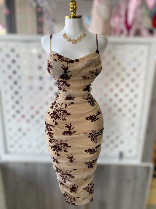 Claire Champagne Ruched Mesh Midi Dress