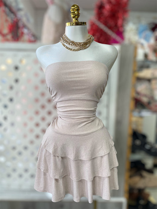 Champagne Lara Mini Ruched Glitter Dress
