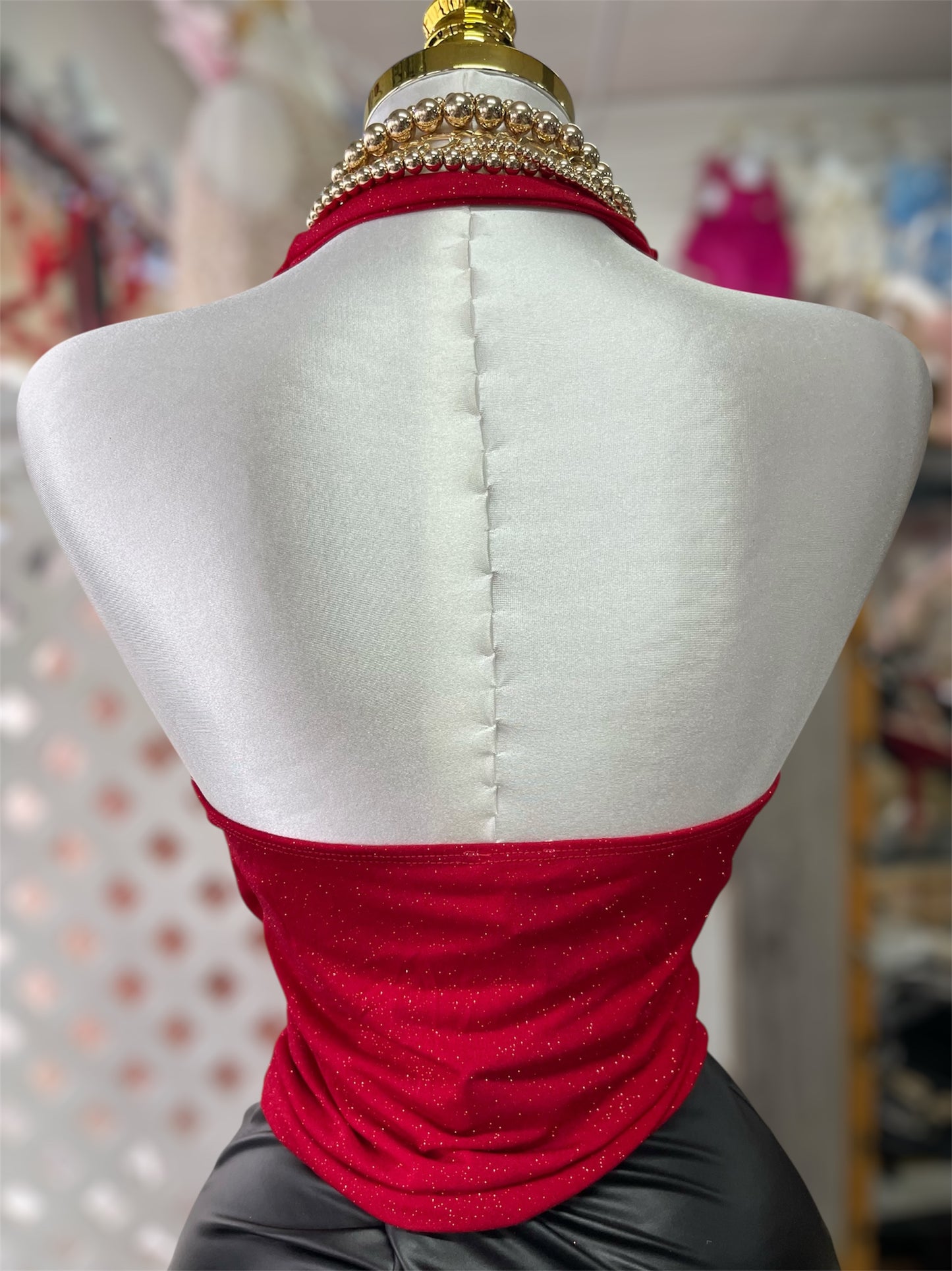 Rose Glitter Cowl Neck Halter Top w/ Open Back