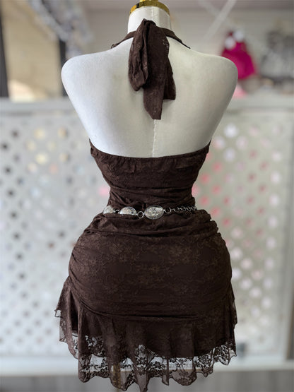 Alexa Brown Halter Neck Lace Mini Dress