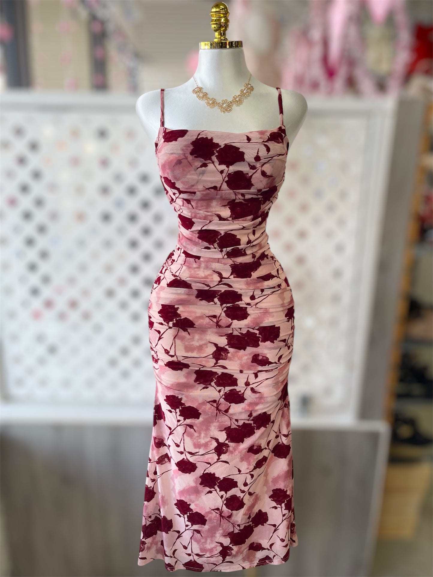 Amore Rose Ruched Mesh Midi Dress