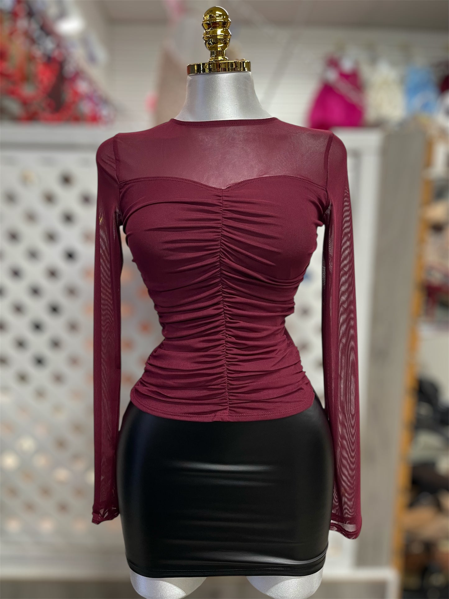 Daniela Ruched Mesh Burgundy Top