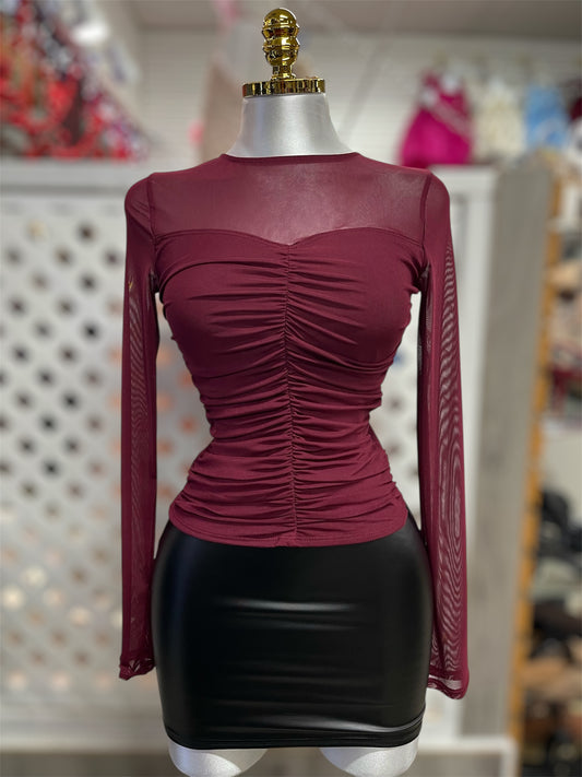 Daniela Ruched Mesh Burgundy Top