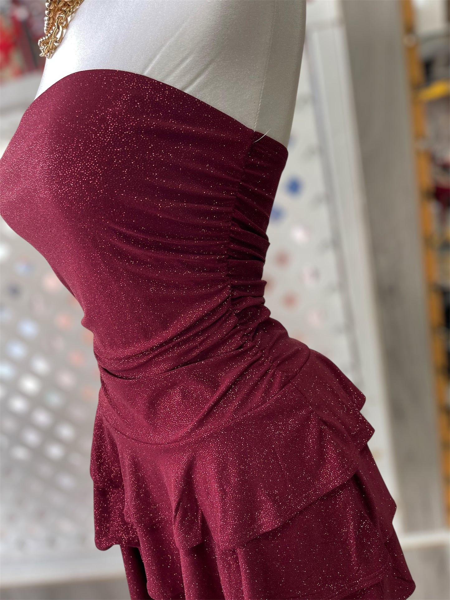 Burgundy Lara Mini Ruched Glitter Dress