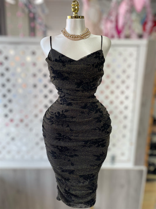 Claire Black Ruched Mesh Midi Dress