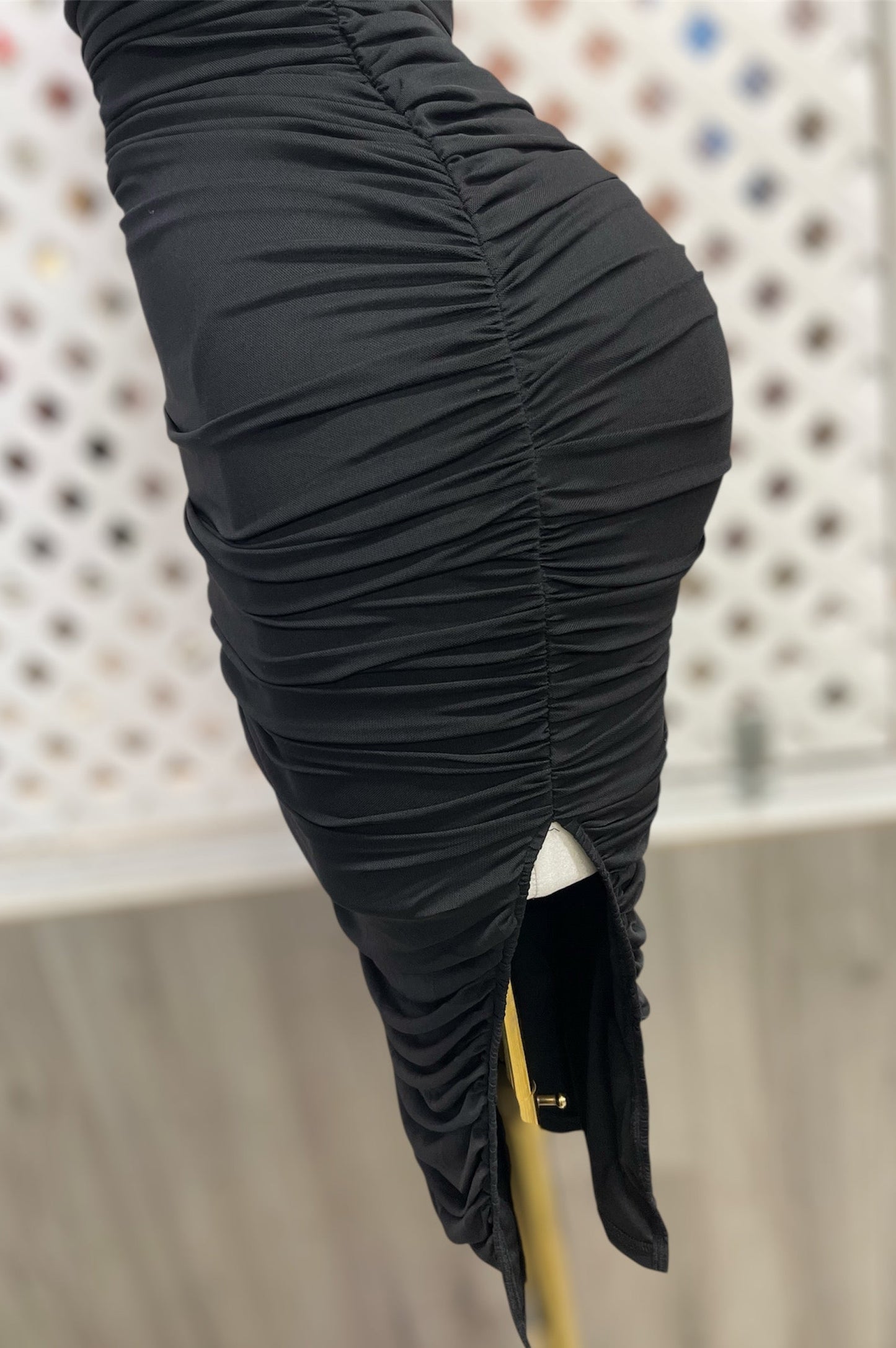 Minna Black Ruched Mesh Midi Dress