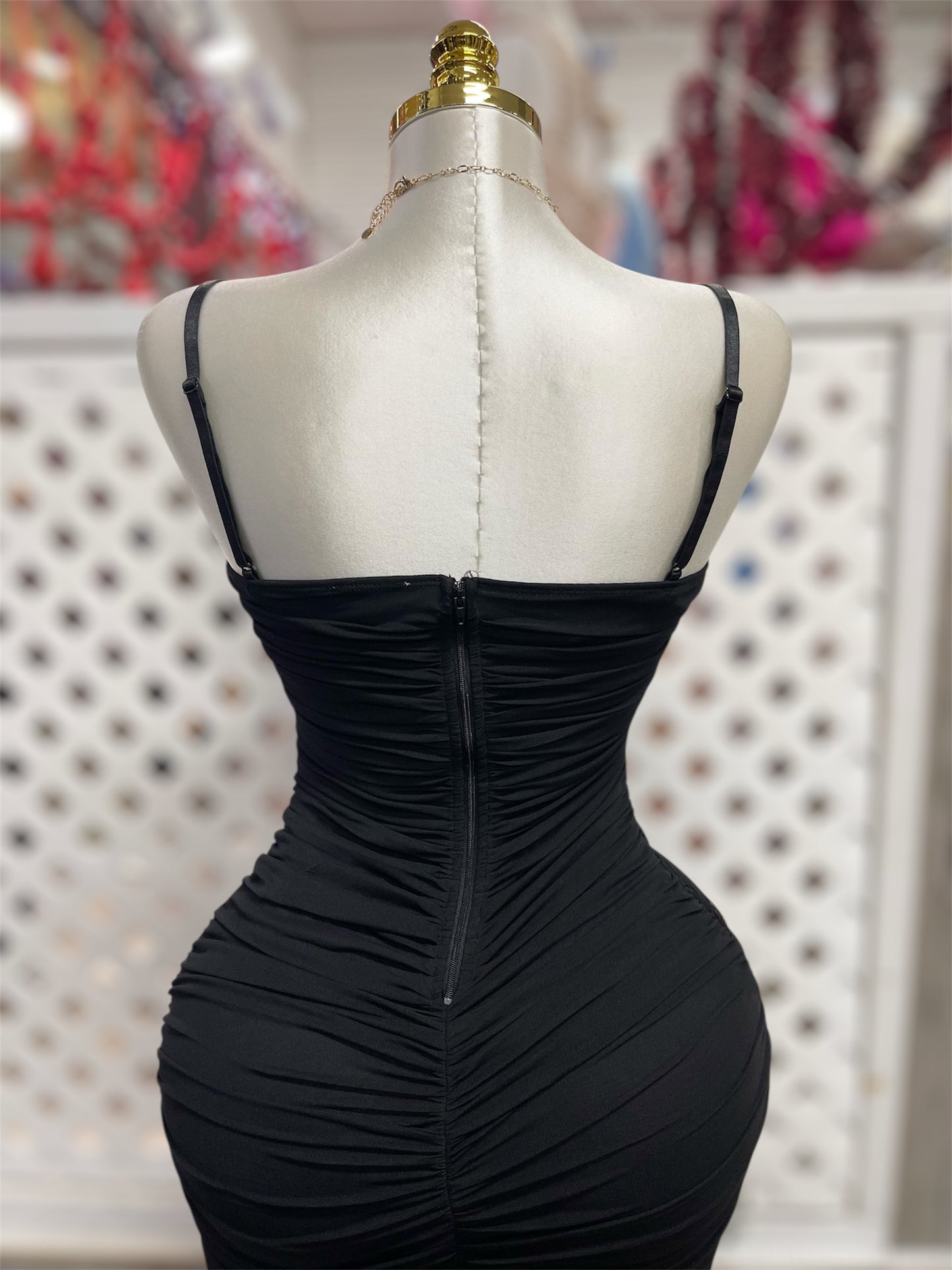 Minna Black Ruched Mesh Midi Dress