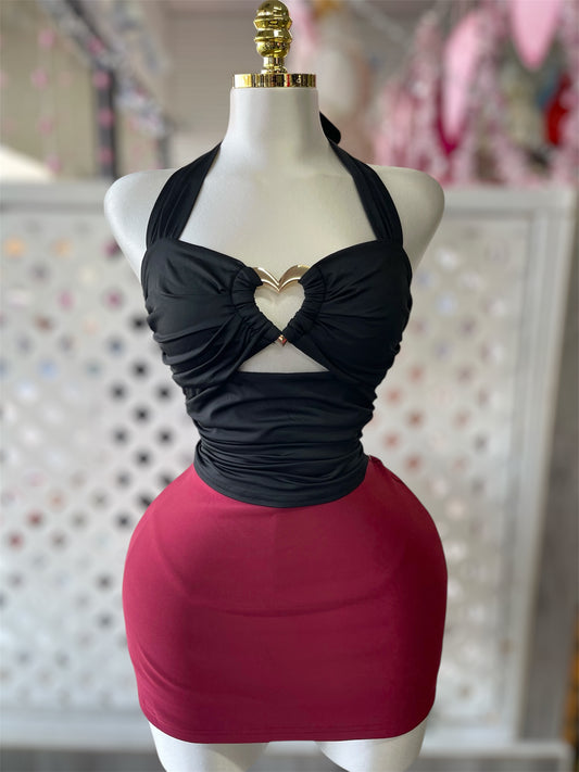 Irina Black Halter Top w/ Gold Heart Hardware