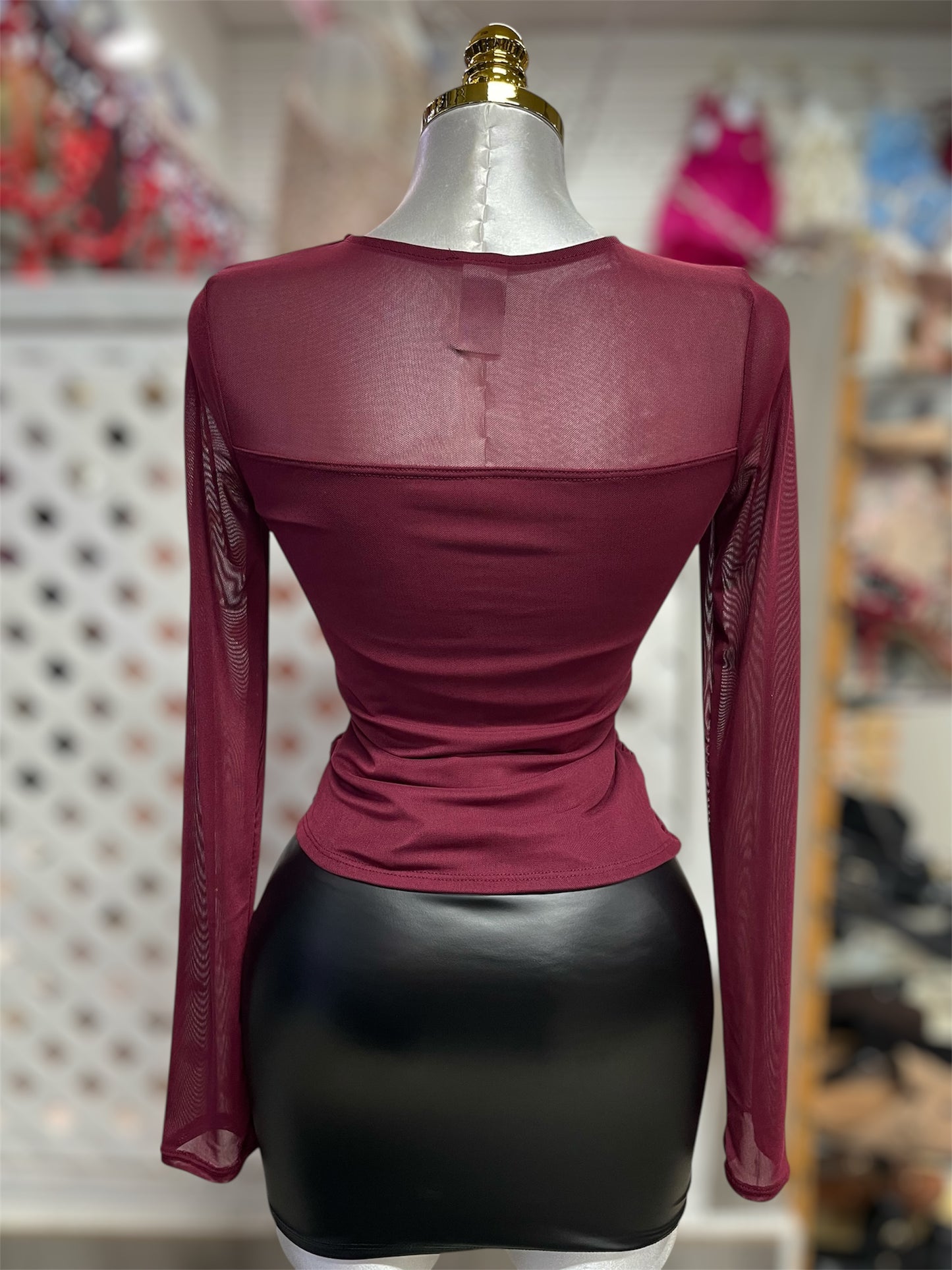 Daniela Ruched Mesh Burgundy Top
