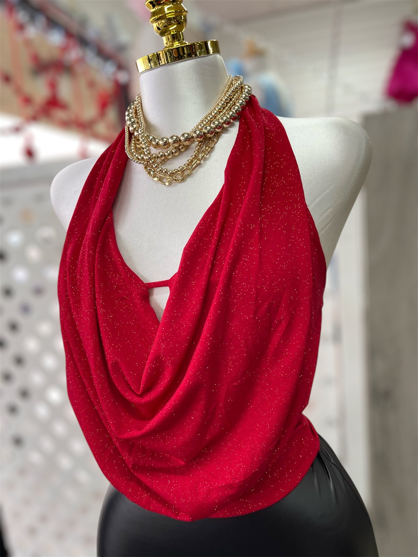 Rose Glitter Cowl Neck Halter Top w/ Open Back