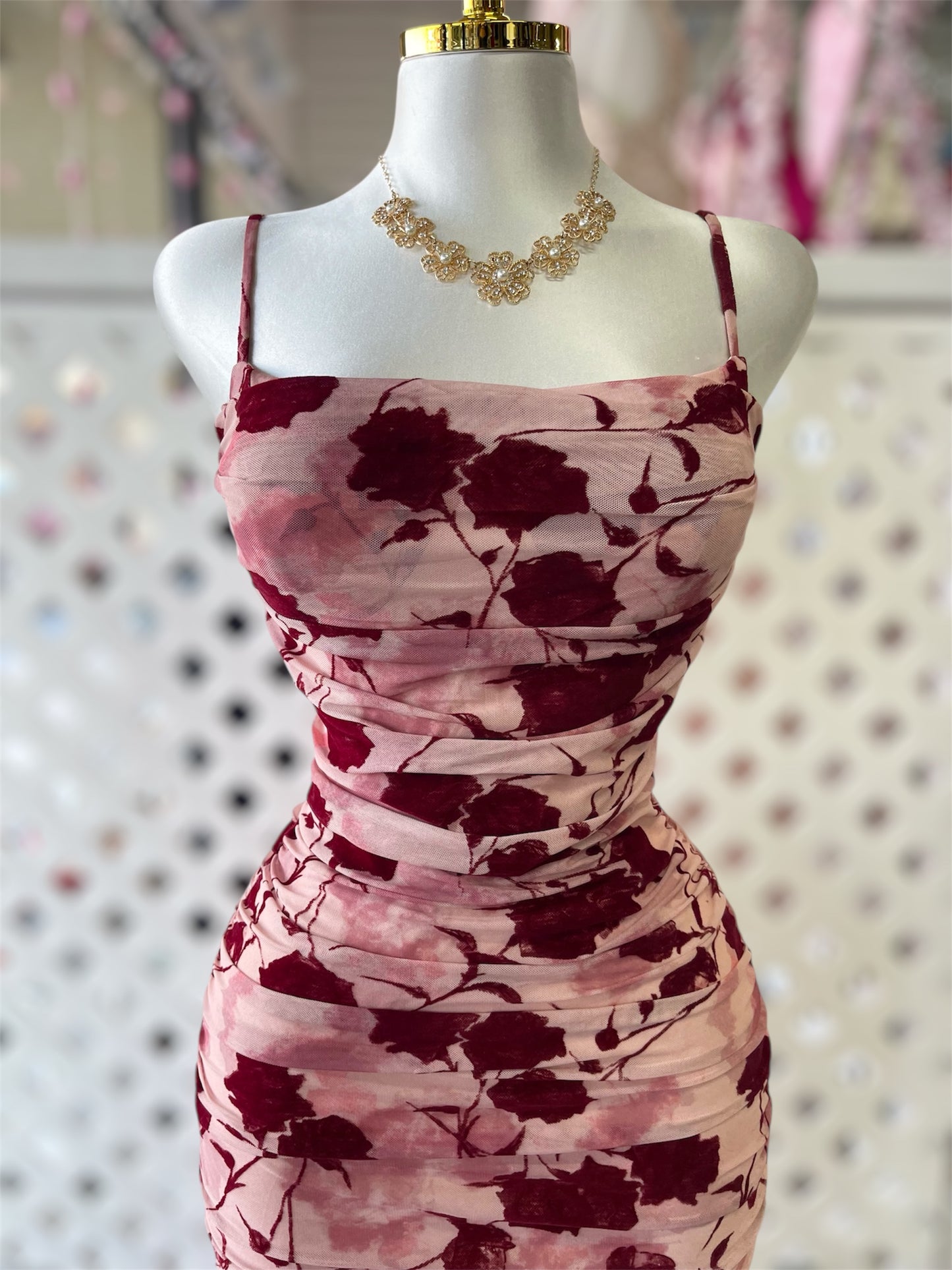 Amore Rose Ruched Mesh Midi Dress