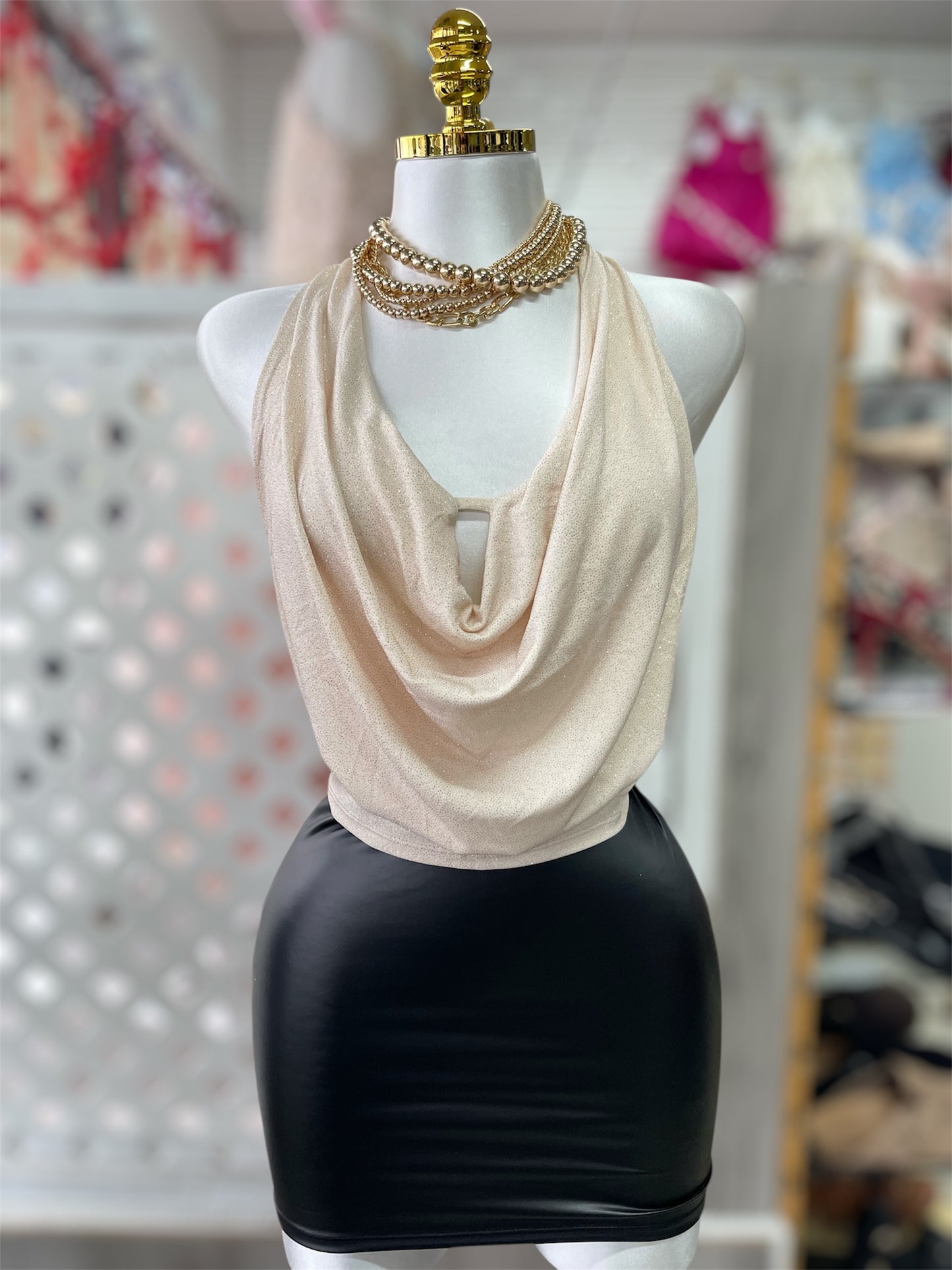 Rose Glitter Cowl Neck Halter Top w/ Open Back