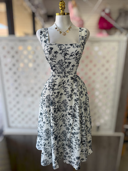 Alana Navy Floral Square Neck A-Line Dress