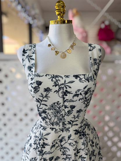 Alana Navy Floral Square Neck A-Line Dress