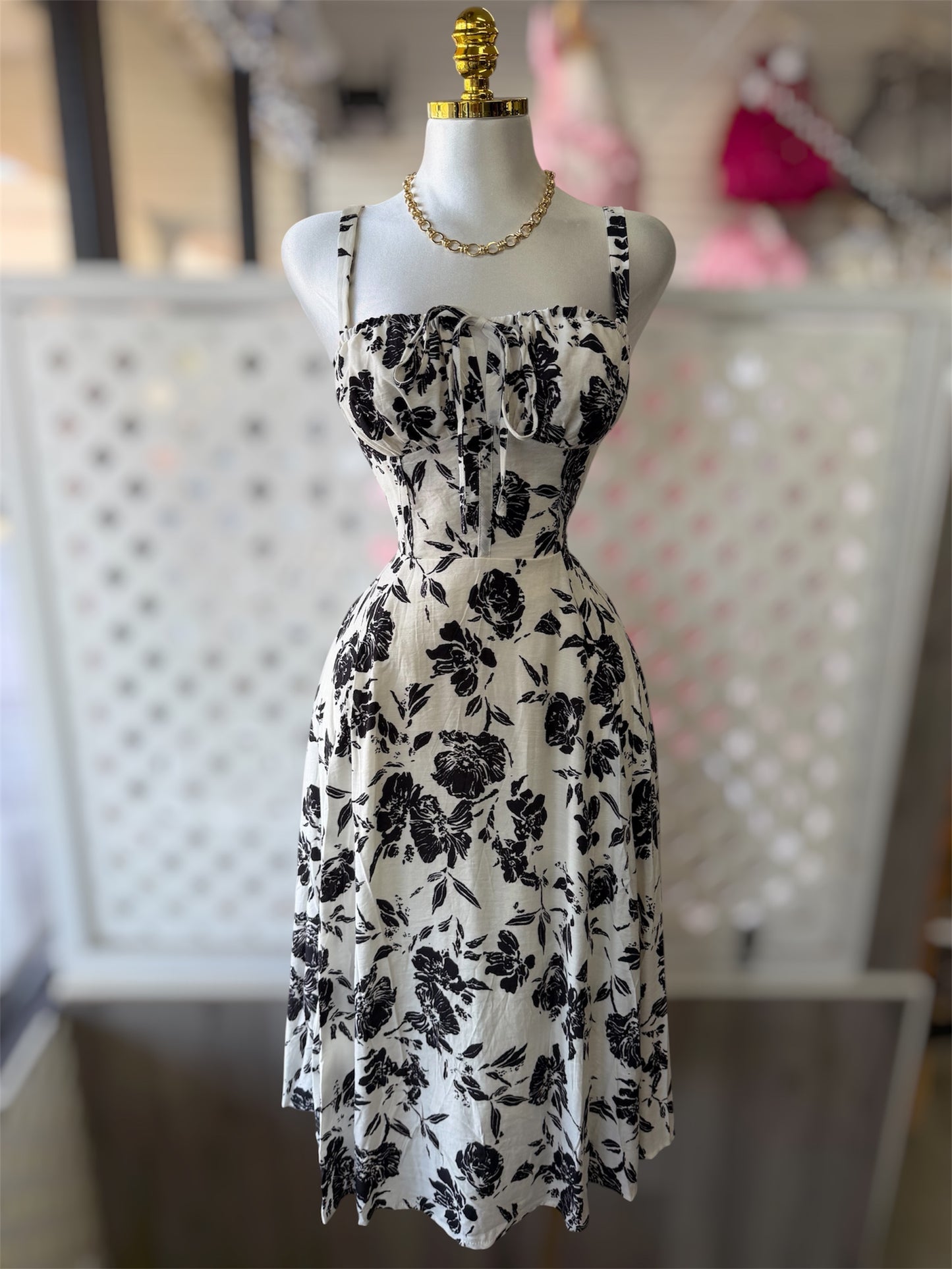 Melanie Black Floral Faux Corset A-Line Midi Dress