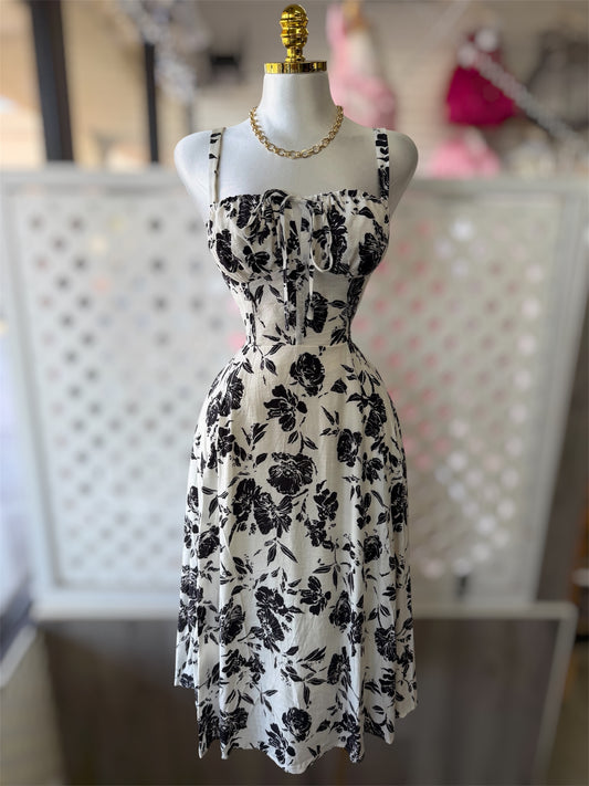 Melanie Black Floral Faux Corset A-Line Midi Dress