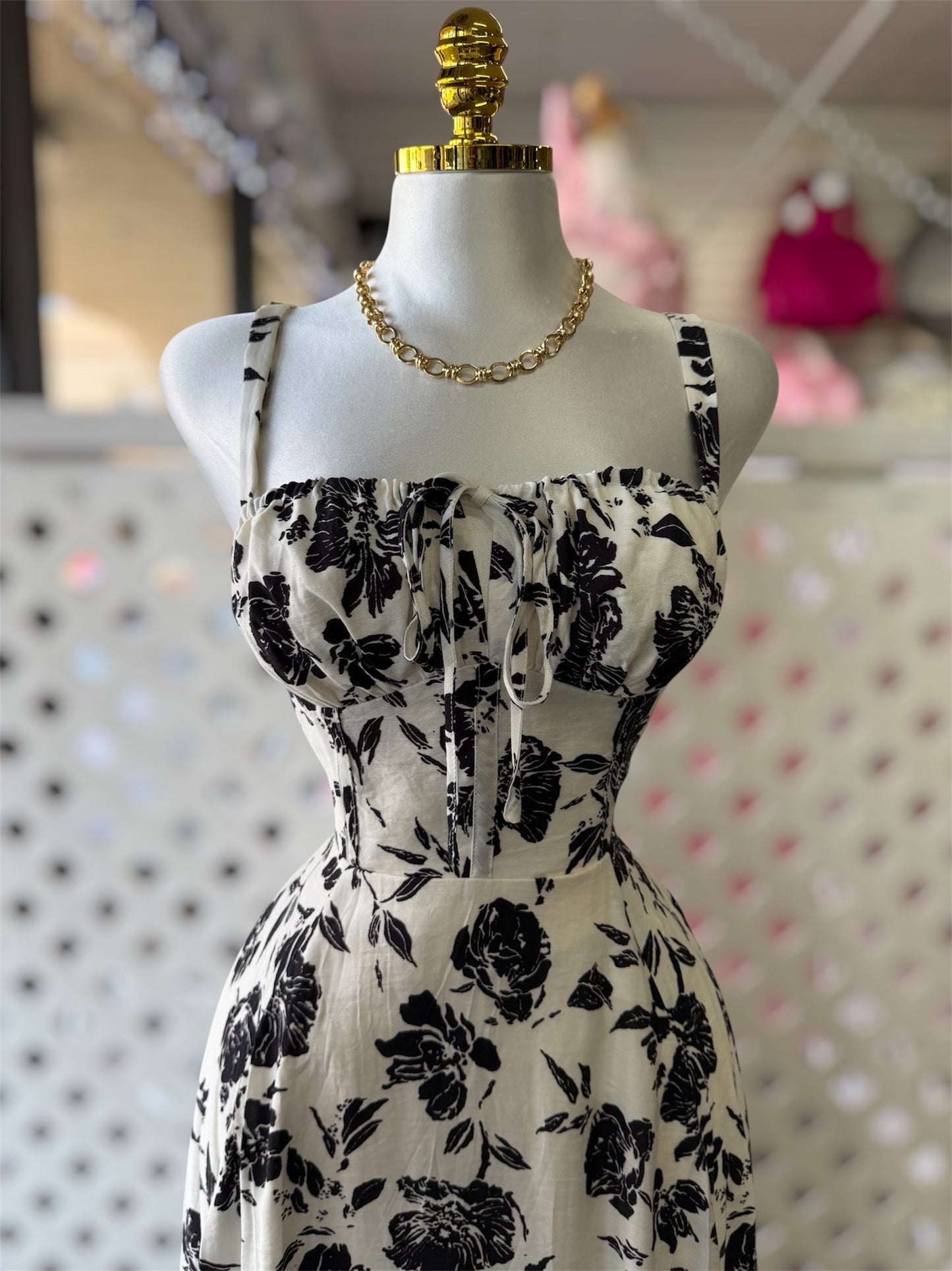 Melanie Black Floral Faux Corset A-Line Midi Dress