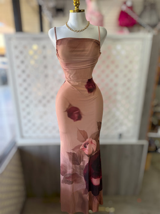 Rose Floral Mesh Maxi Dress