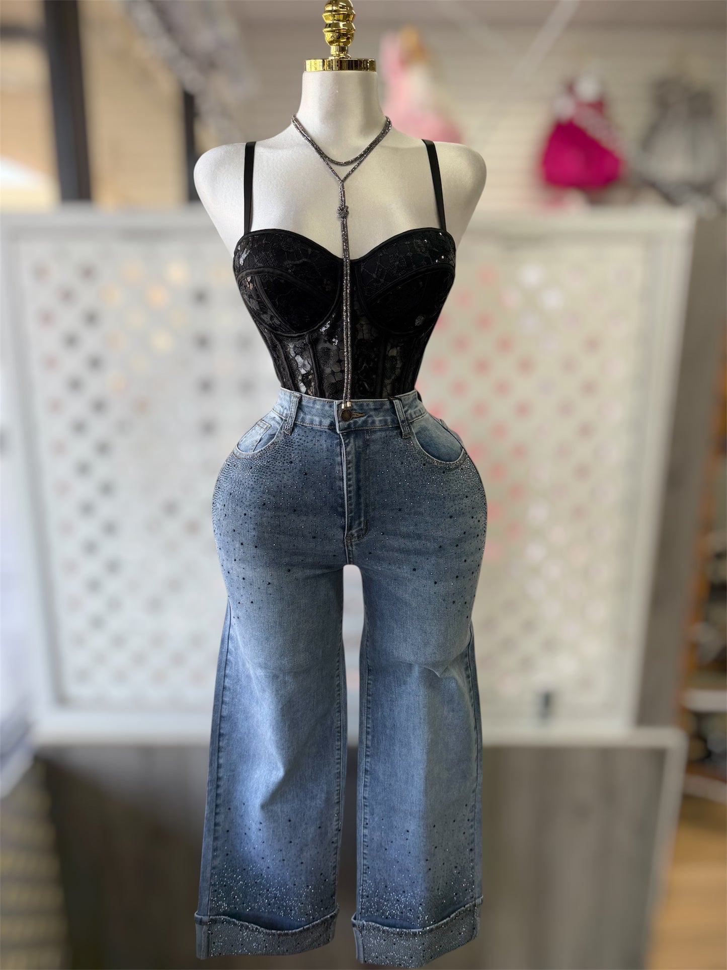 Emerson High Rise Dark Wash Rhinestone Wide Leg Cuffed Jeans