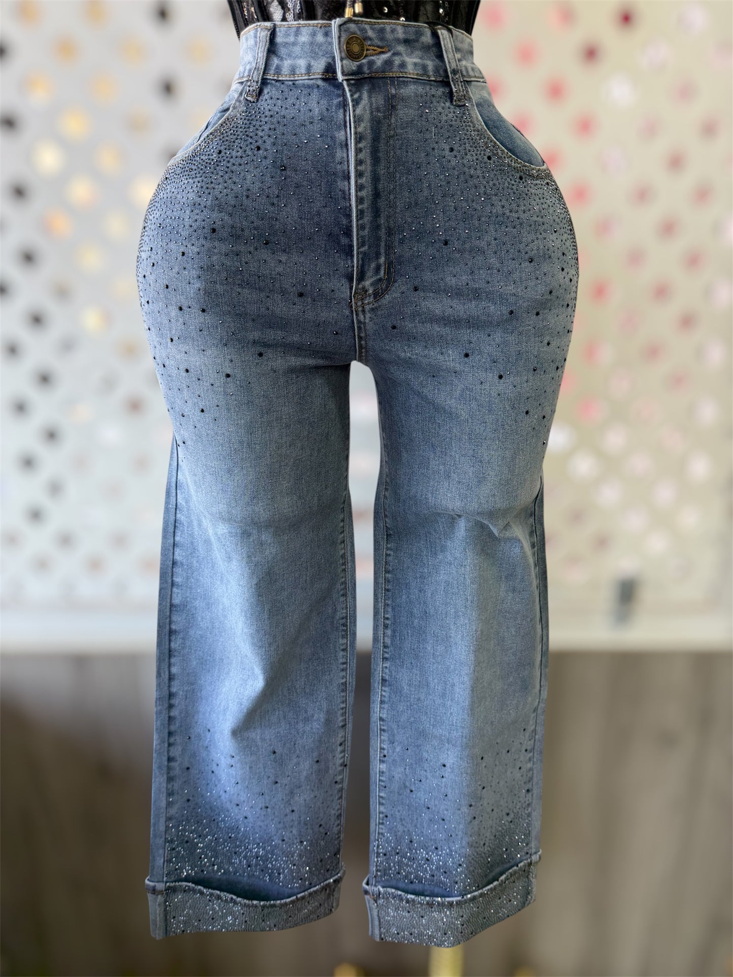 Emerson High Rise Dark Wash Rhinestone Wide Leg Cuffed Jeans