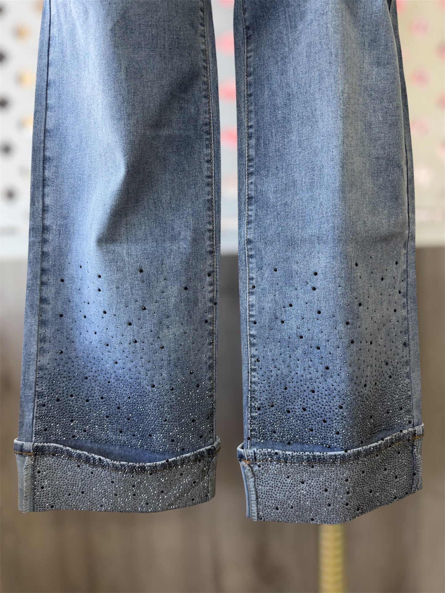 Emerson High Rise Dark Wash Rhinestone Wide Leg Cuffed Jeans