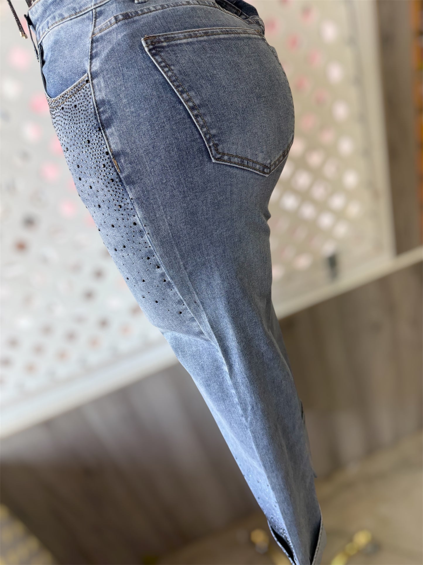 Emerson High Rise Dark Wash Rhinestone Wide Leg Cuffed Jeans
