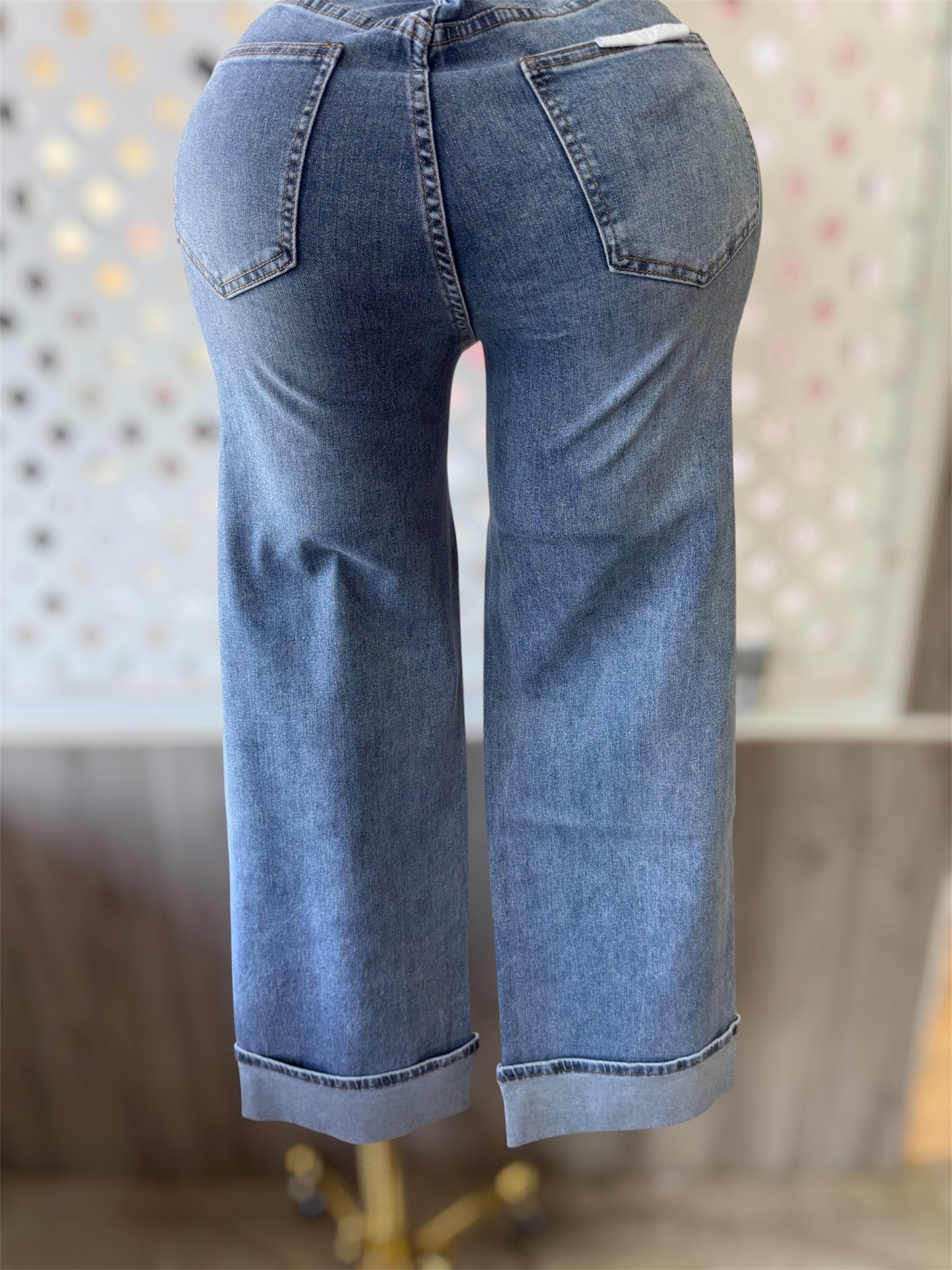 Emerson High Rise Dark Wash Rhinestone Wide Leg Cuffed Jeans