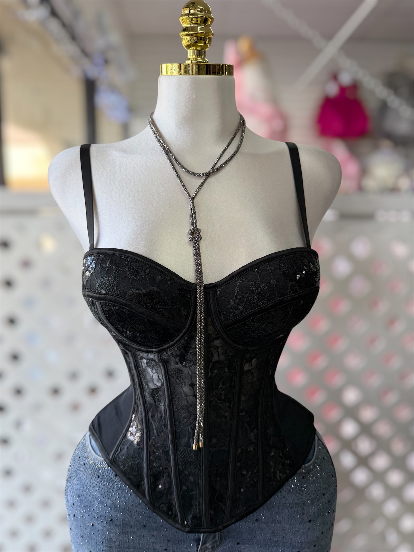Anahi Sequins Floral Embroidered Mesh Corset Top