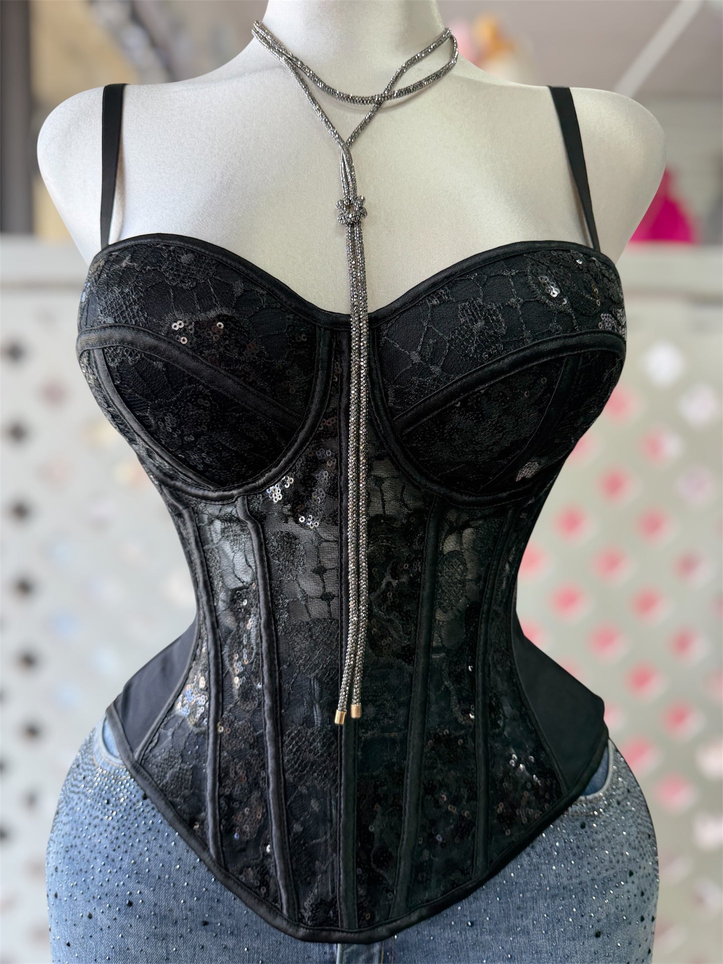 Anahi Sequins Floral Embroidered Mesh Corset Top